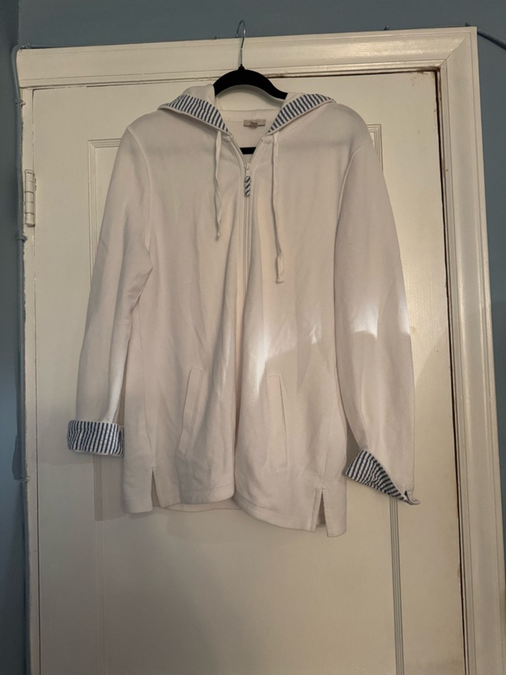 Talbots White Zip Up Hoodie with Blue Stripe Trim - Size Large